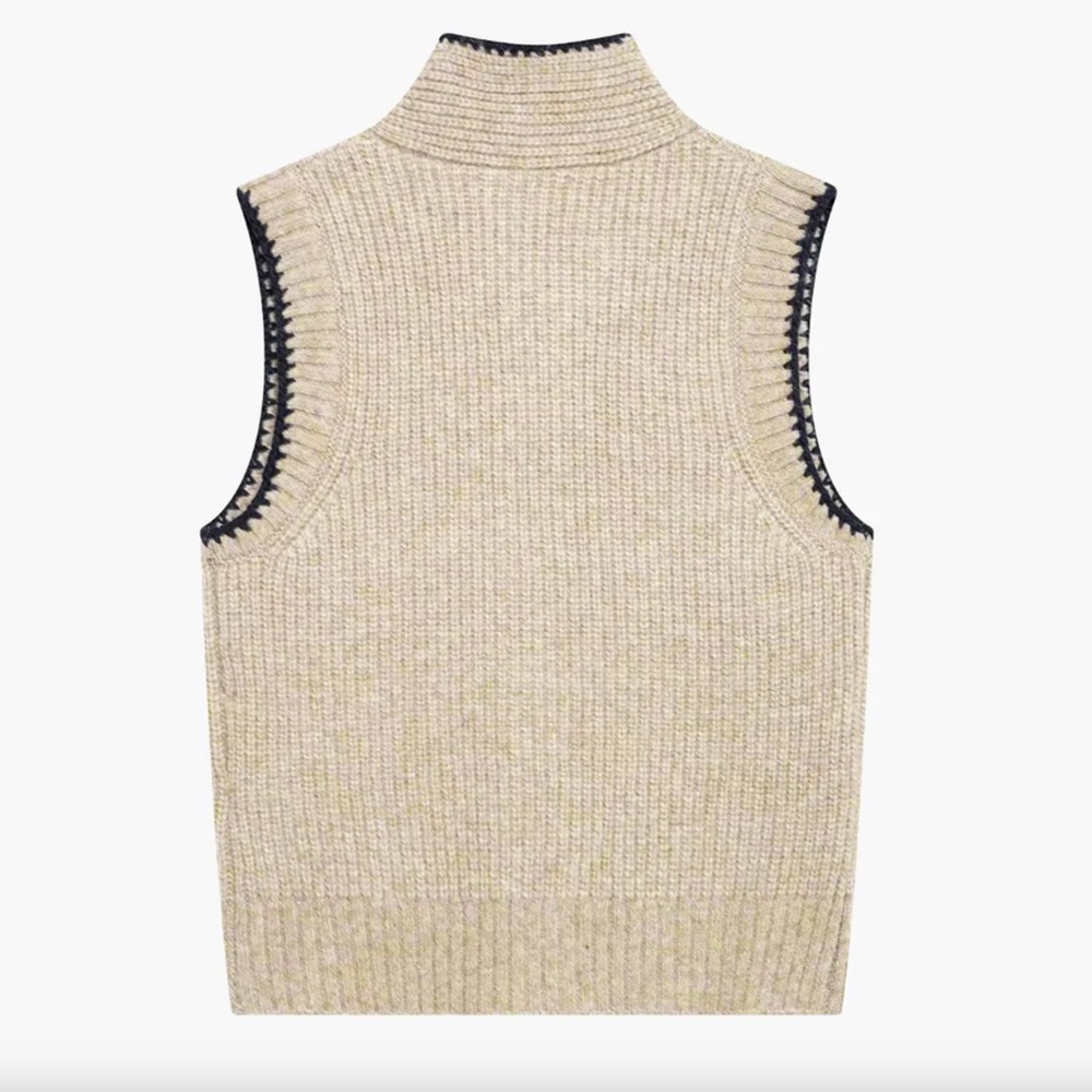 Commense Tie Neck Contrast Trim Button Sweater Vest Size L NWT In Khaki - Picture 2 of 13